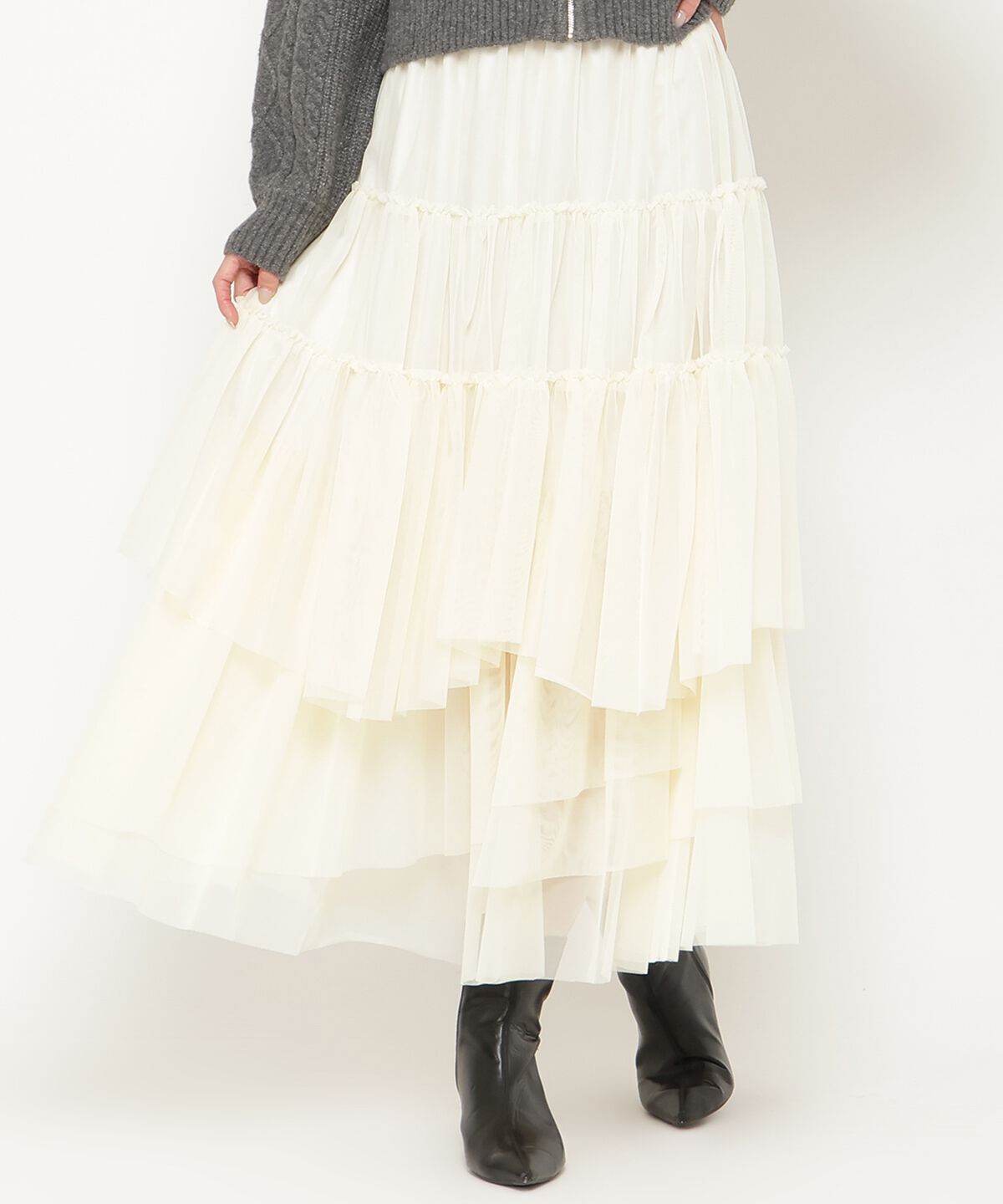 アンドクチュール「ランダムティアードチュールスカート」|フレア|ベージュ