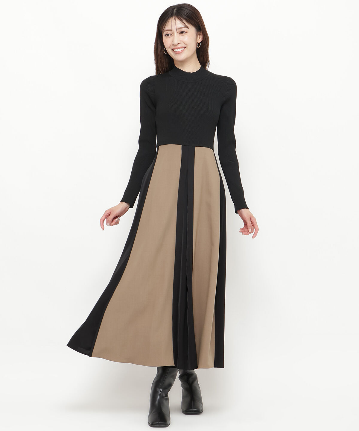 アンドクチュール「配色ドッキングワンピース」|ワンピース|ブラック