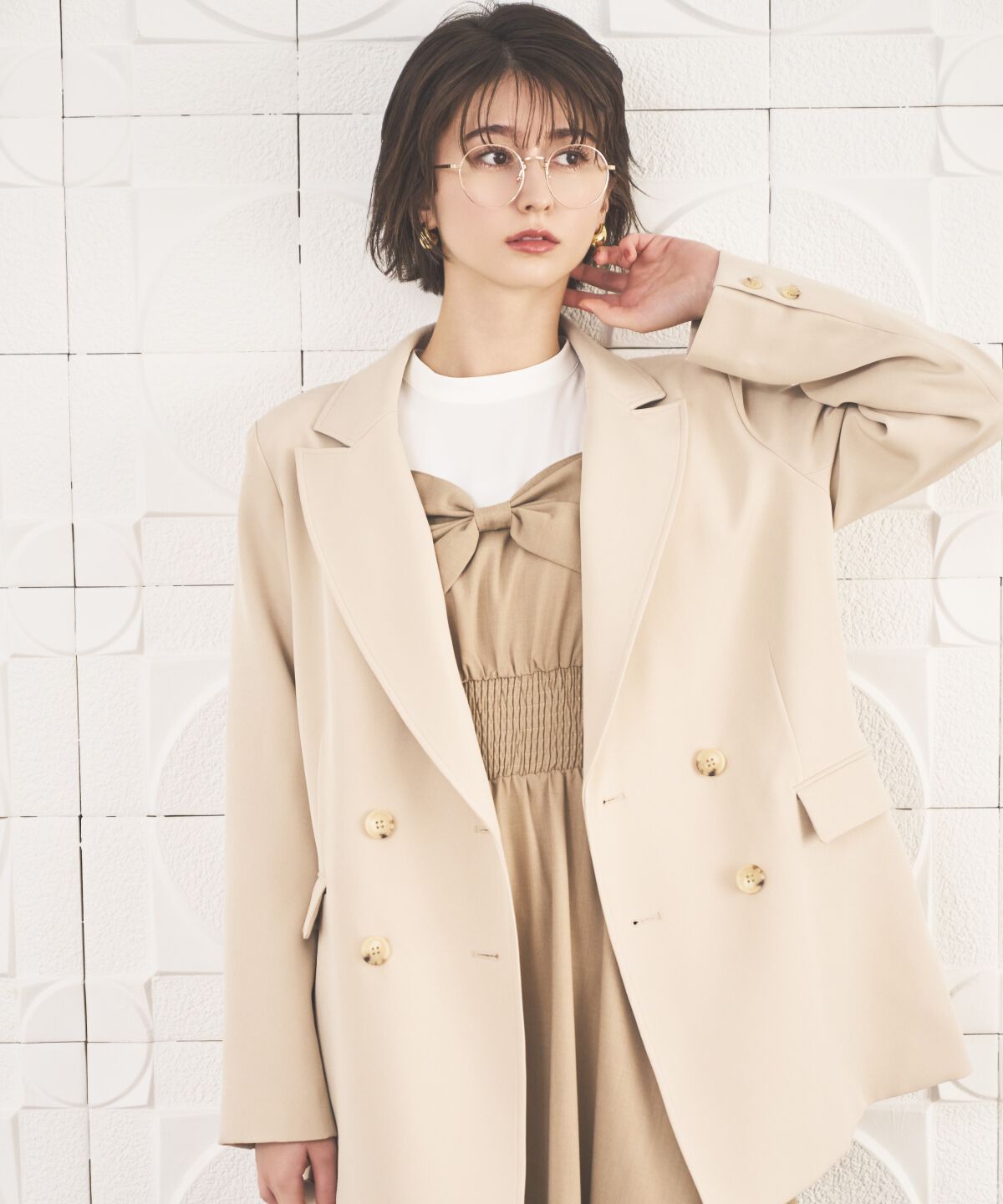 アンドクチュール「ダブルブレストオーバージャコット」|テーラードジャケット|ベージュ