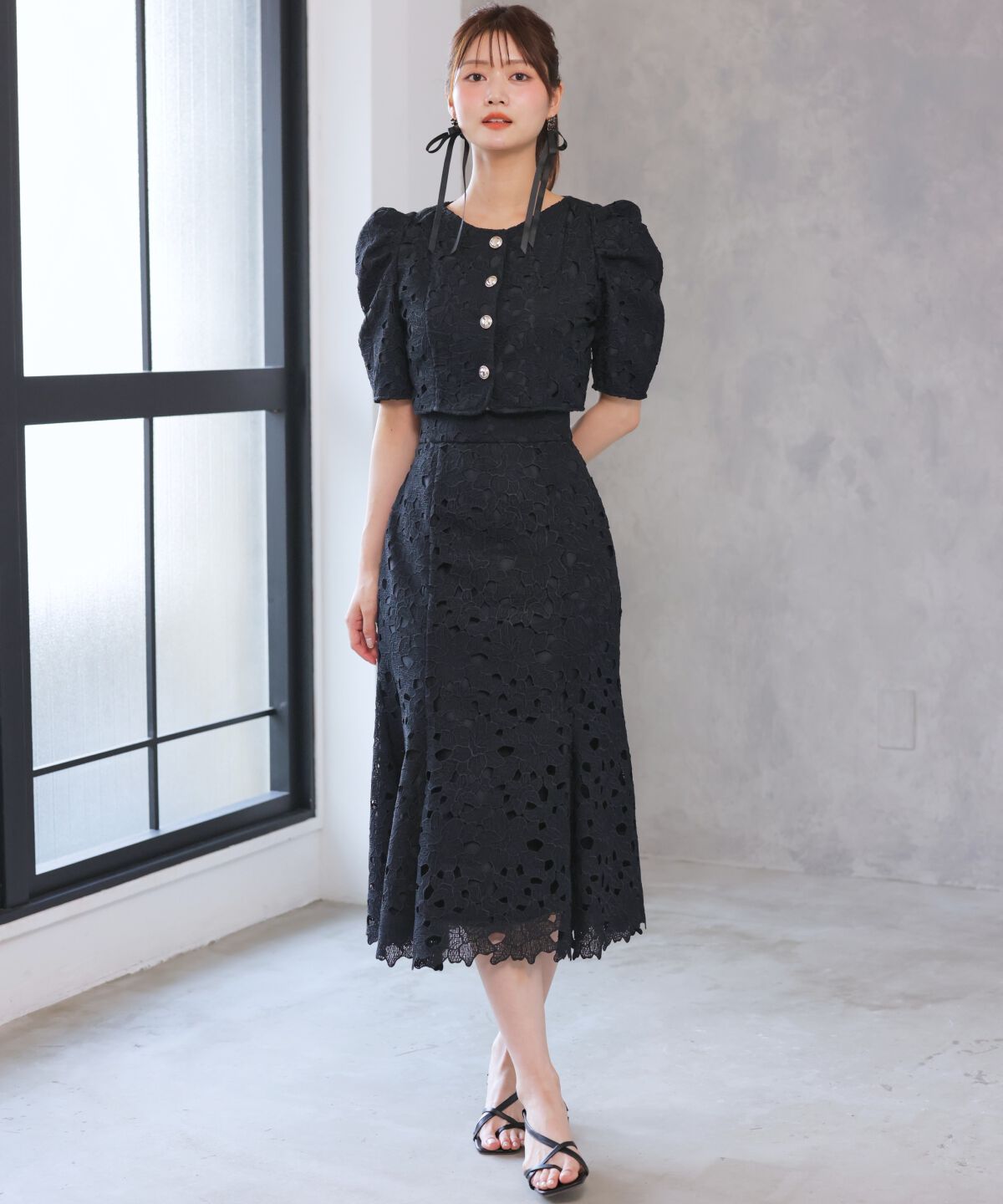 アンドクチュール「スカラレースジャケット」|ノーカラージャケット|