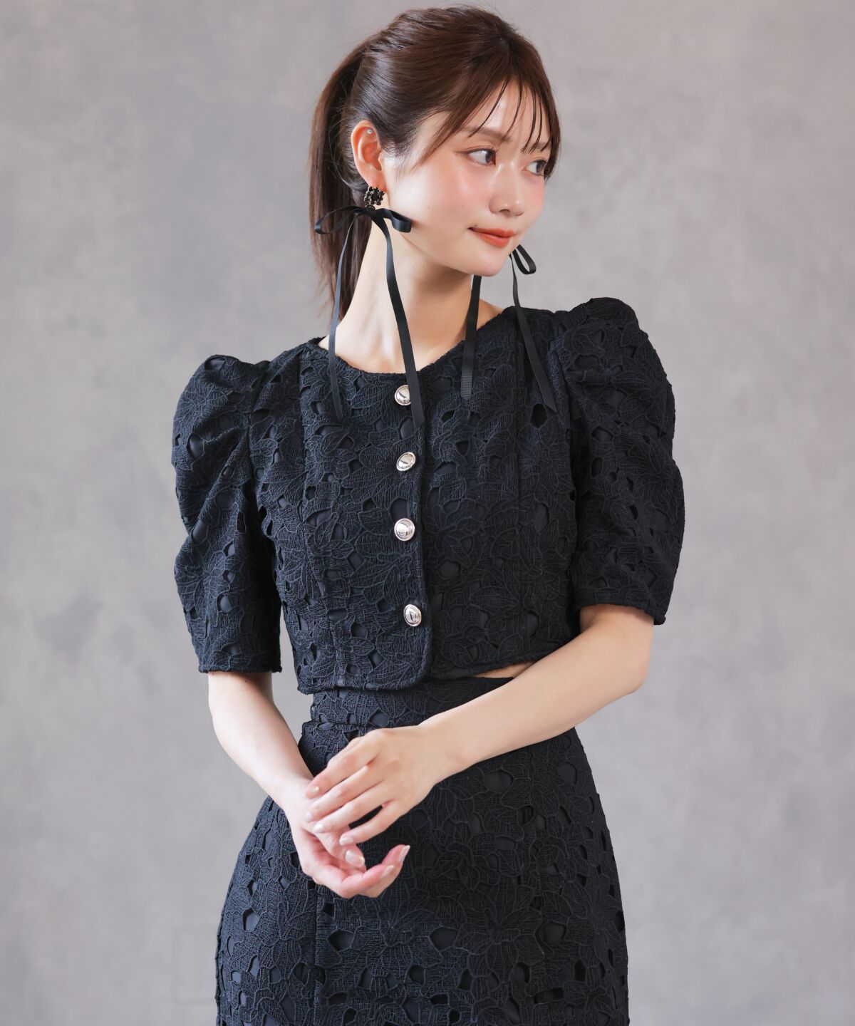 アンドクチュール「スカラレースジャケット」|ノーカラージャケット|