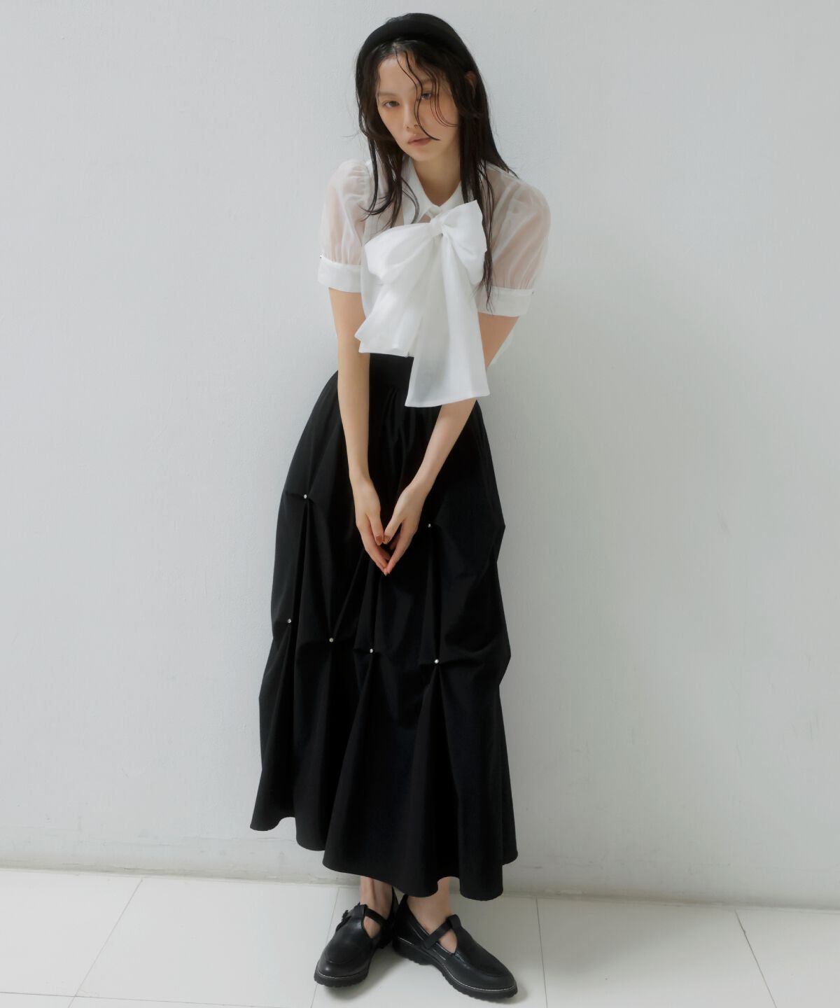 アンドクチュール「ビジューバルーンティアードスカート」|フレア|ブラック