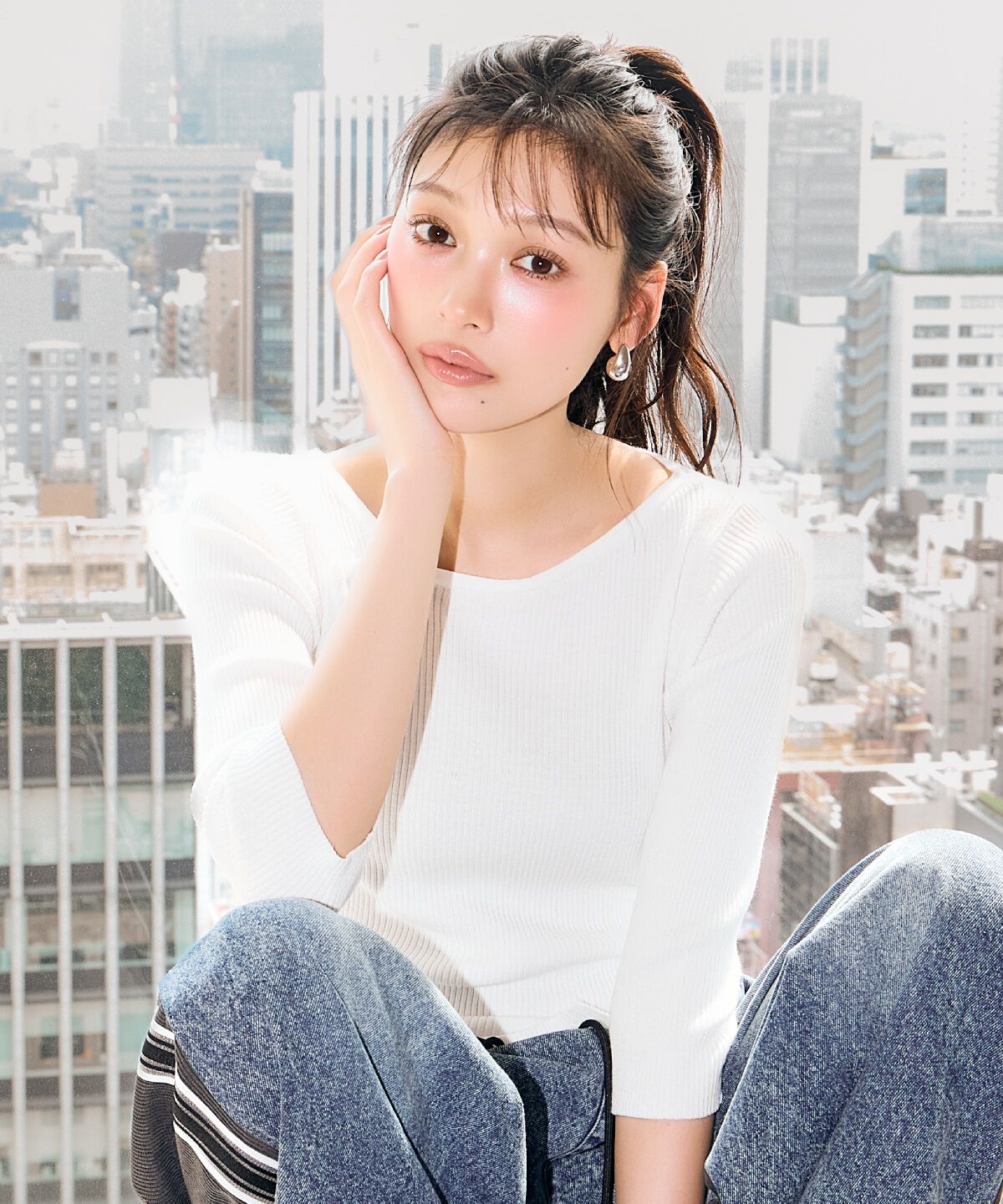 アンドクチュール「アシメVネック7分袖プルオーバー」|ニット・セーター|オフ