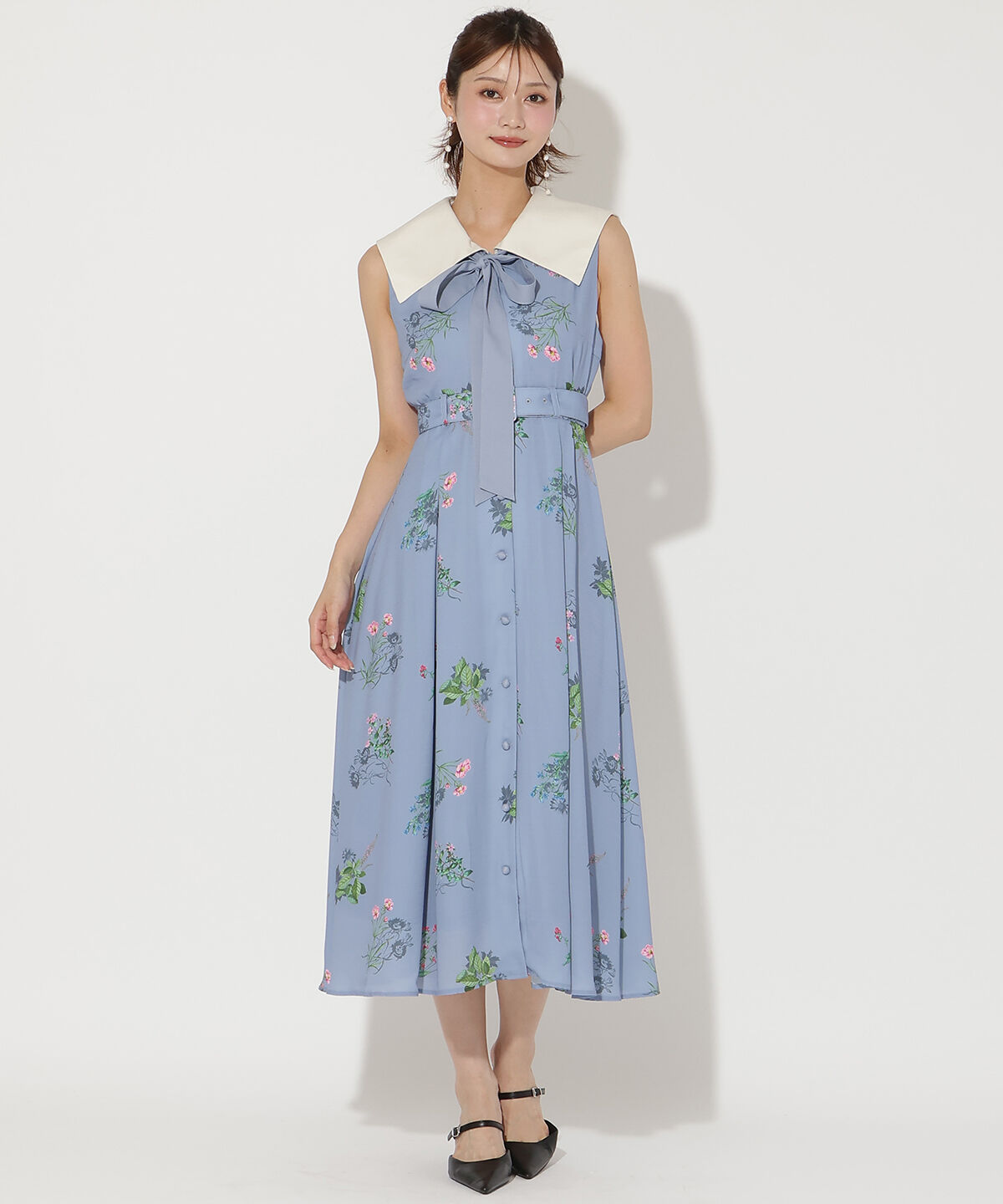 アンドクチュール「ドローイングフラワー配色襟ワンピース」|ワンピース|