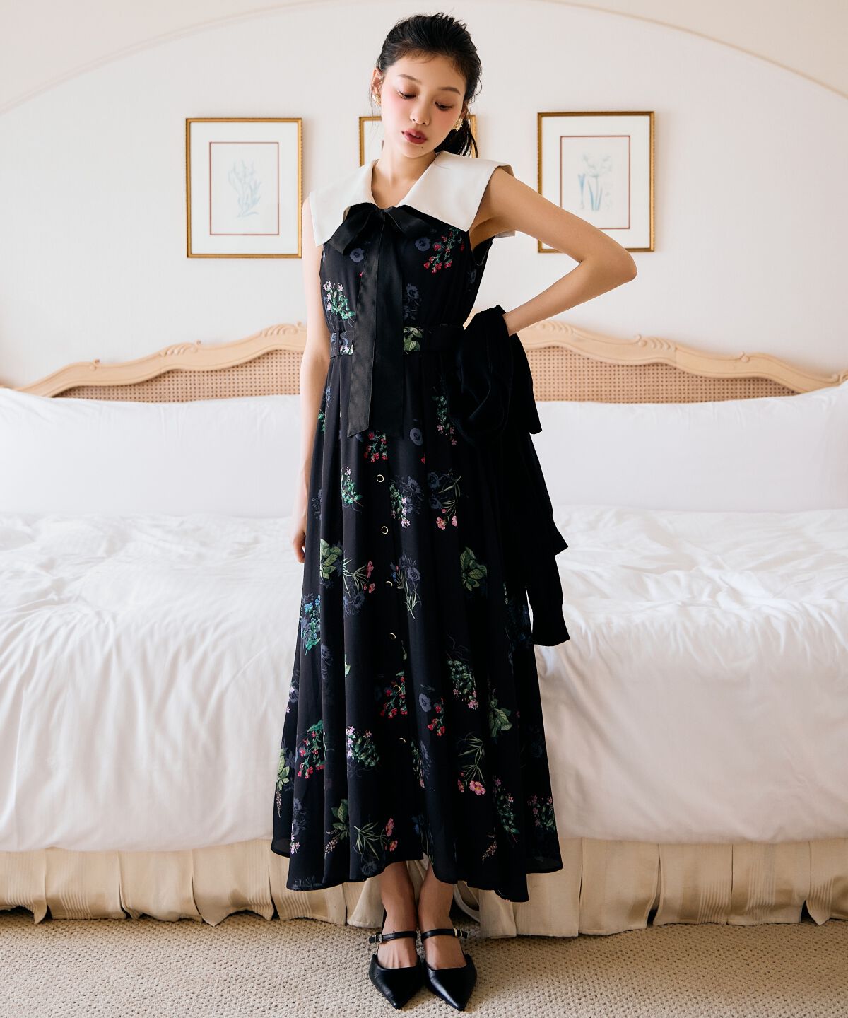 アンドクチュール「ドローイングフラワー配色襟ワンピース」|ワンピース|