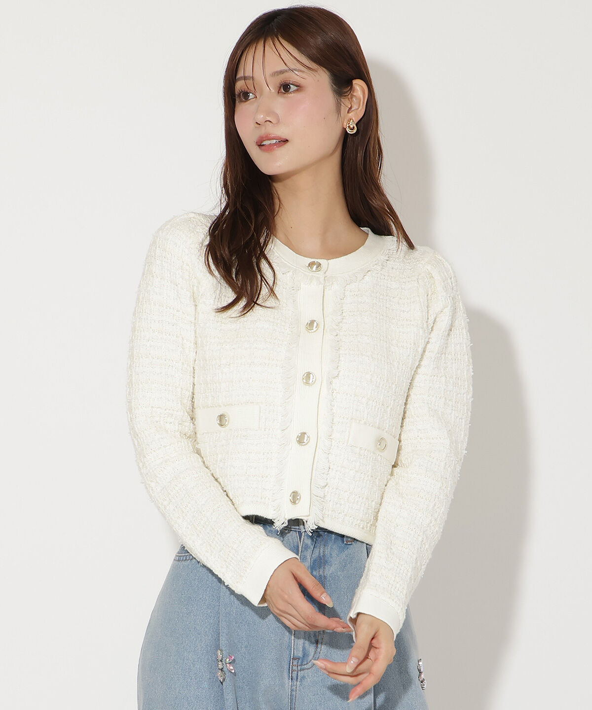 アンドクチュール「ツイードライクニットカーディガン」|カーディガン|オフ