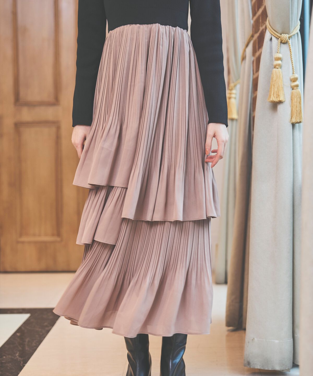 アンドクチュール「消しプリーツドッキングワンピース」|ワンピース|