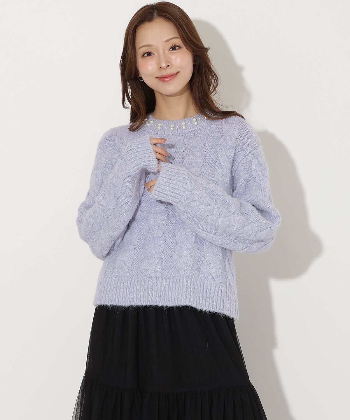 アンドクチュール「パール襟ケーブルニットプルオーバー」|ニット・セーター|
