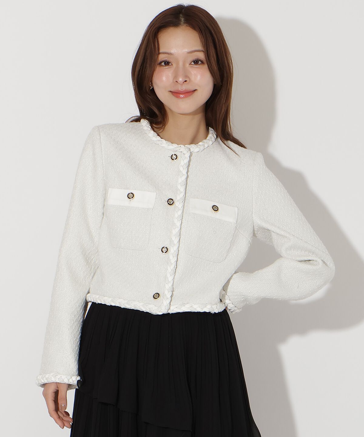 アンドクチュール「デニムコンビツイードジャケット」|ノーカラージャケット|オフ