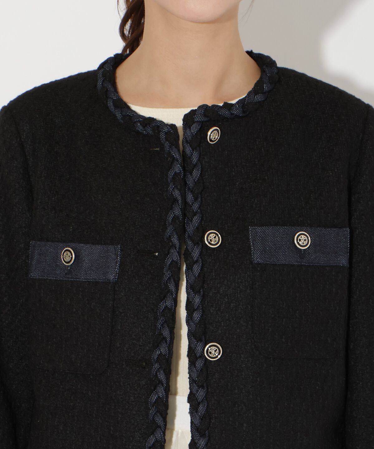 アンドクチュール「デニムコンビツイードジャケット」|ノーカラージャケット|