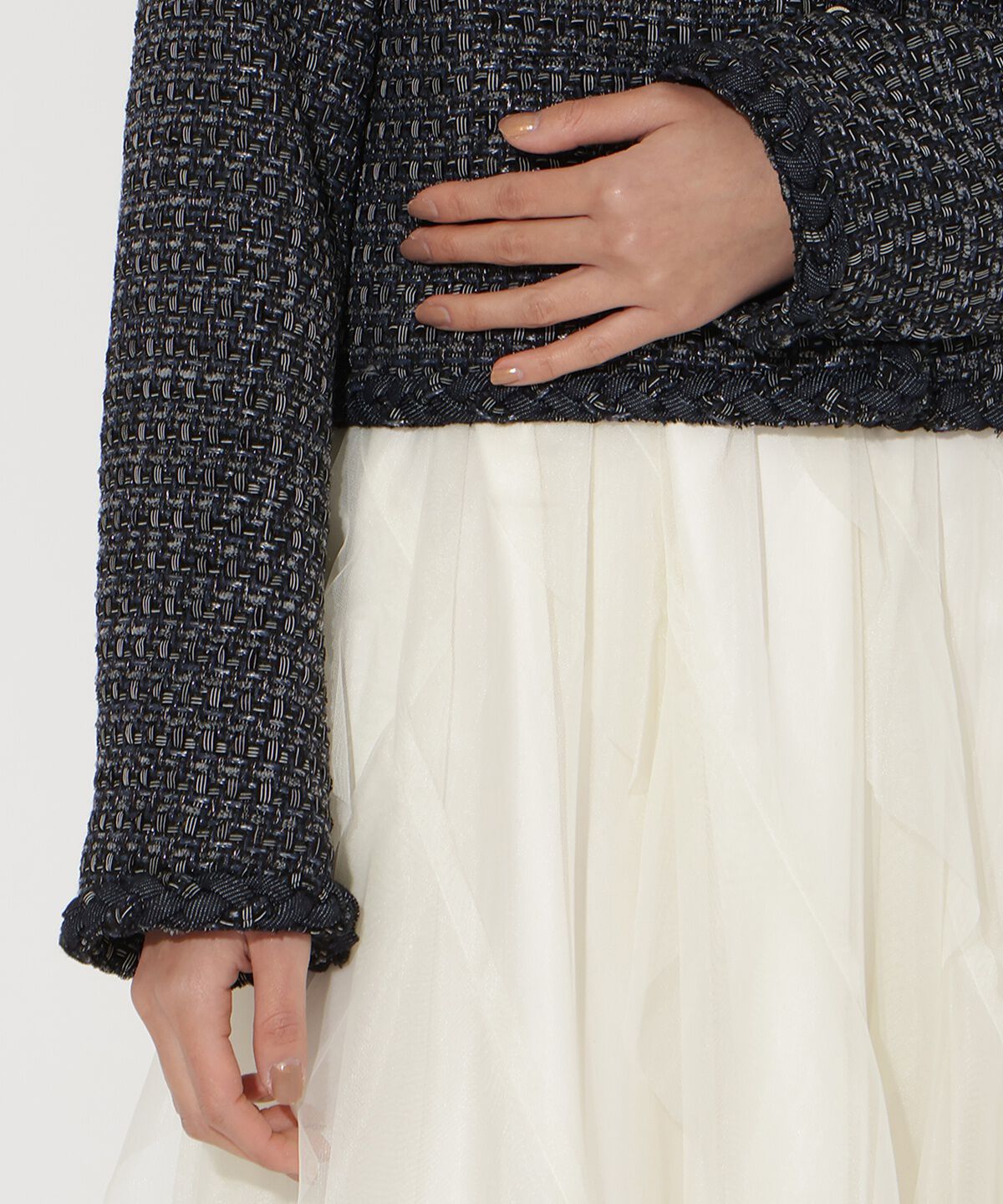 アンドクチュール「デニムコンビツイードジャケット」|ノーカラージャケット|