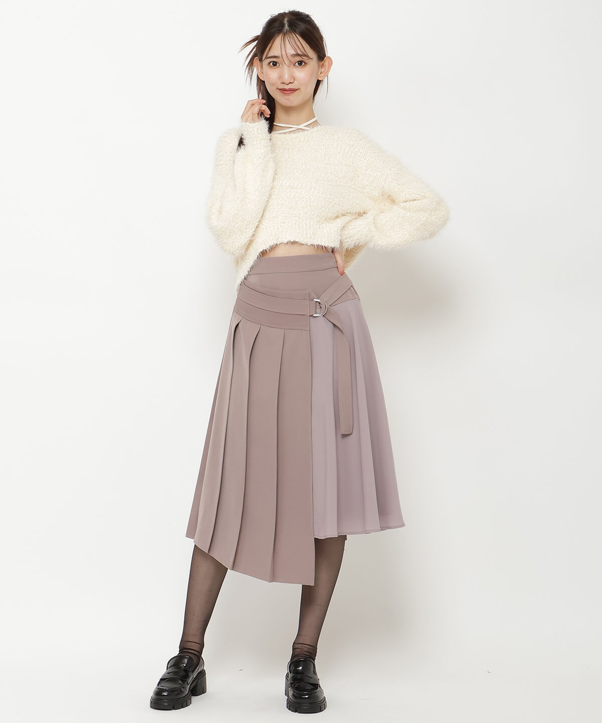 REDYAZEL「コンビネーションアシメプリーツスカート」|フレア|ピンク