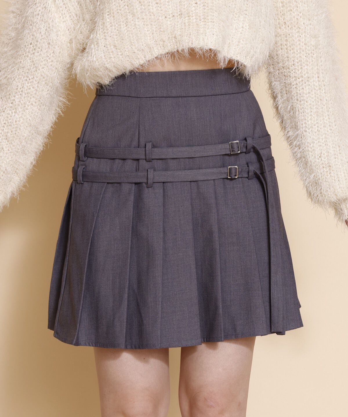 REDYAZEL「ダブルベルトプリーツミニスカート」|フレア|