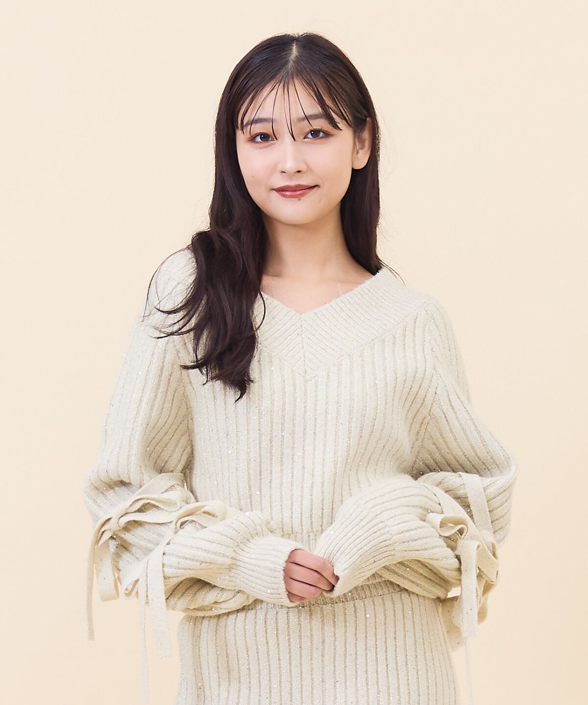 REDYAZEL「ラメスパンコールダブルリボンニット」|ニット・セーター|ベージュ