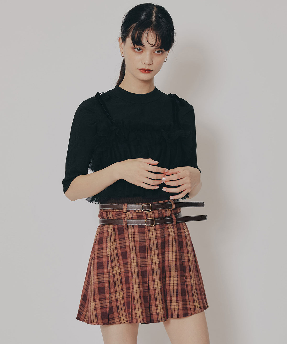 REDYAZEL「ダブルベルトチェックプリーツミニスカート」|フレア|