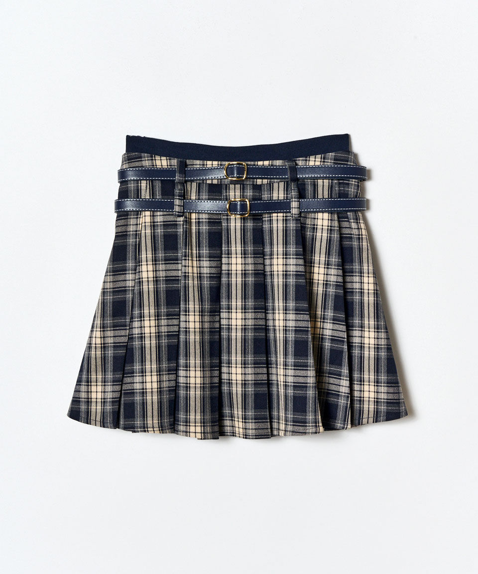 REDYAZEL「ダブルベルトチェックプリーツミニスカート」|フレア|