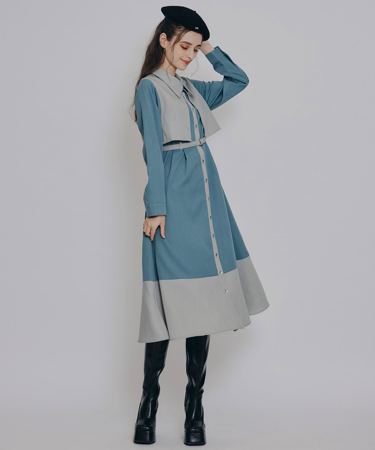 REDYAZEL「カラーブロッキングシャツロングフレアワンピース」|ワンピース|