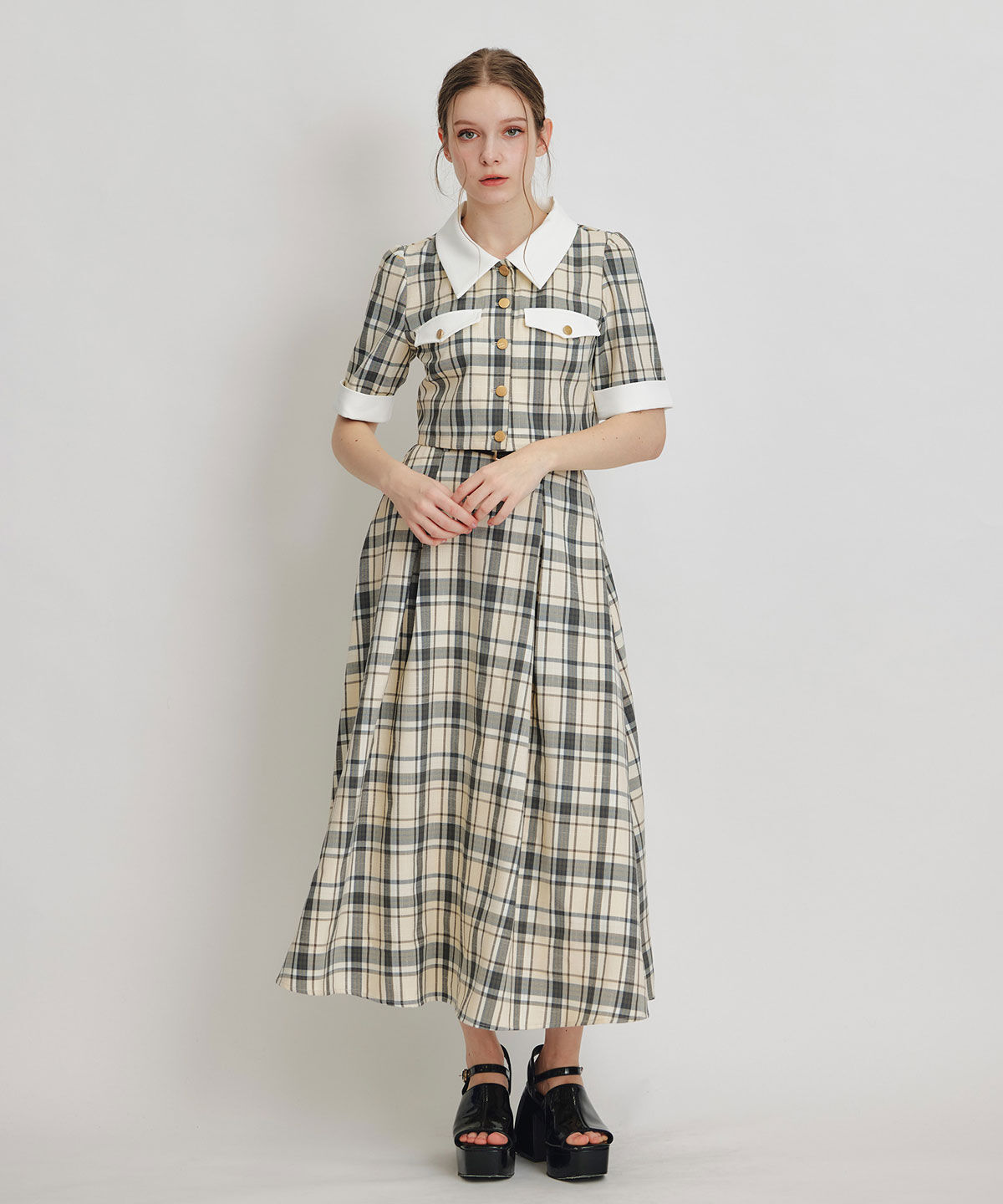 REDYAZEL「バイカラーチェックブラウス&times;フレアロングスカートセットアップ」|ワンピース|