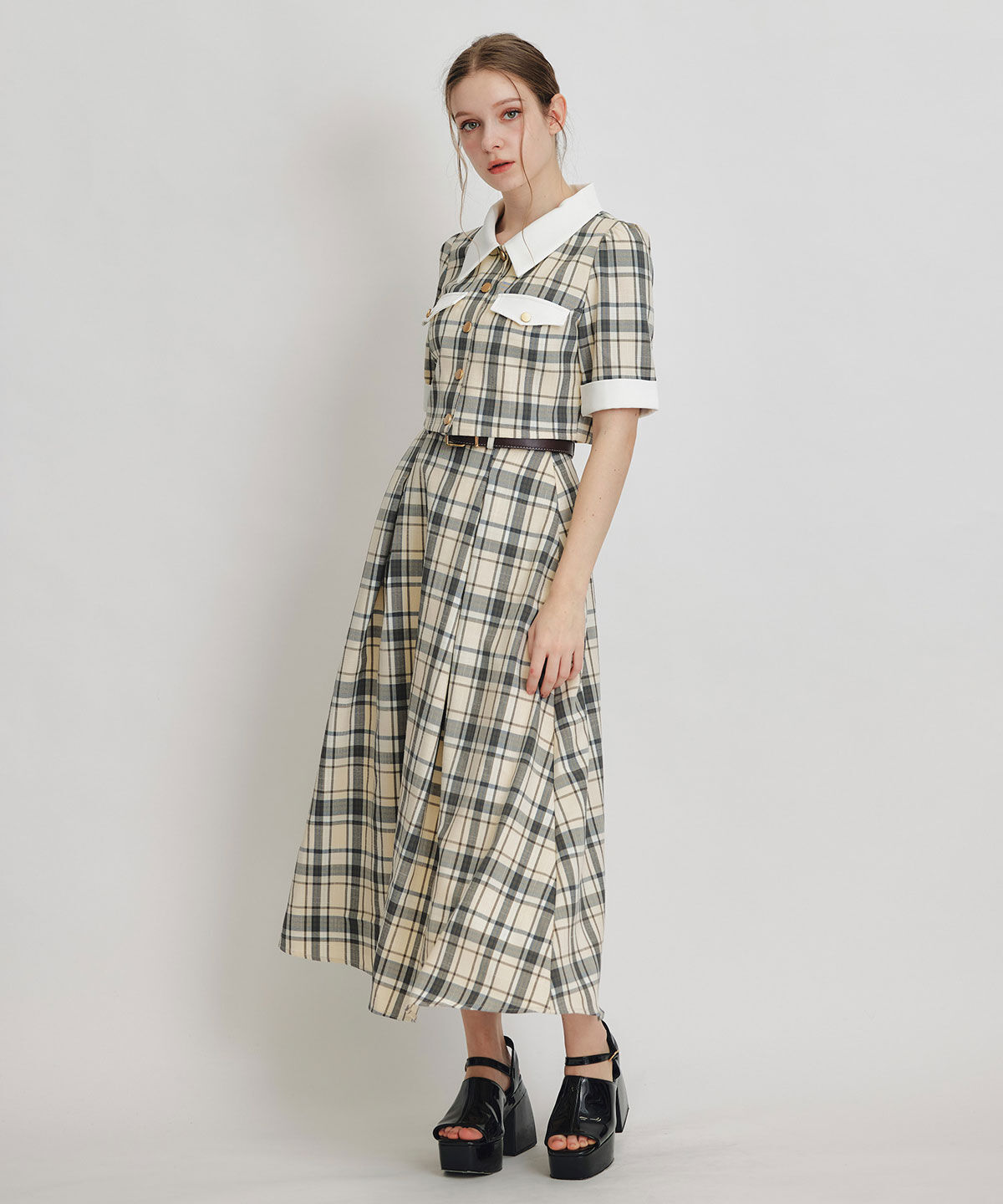 REDYAZEL「バイカラーチェックブラウス&times;フレアロングスカートセットアップ」|ワンピース|
