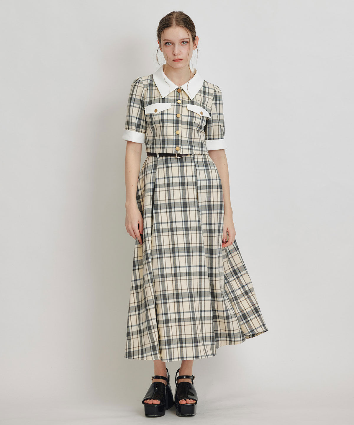 REDYAZEL「バイカラーチェックブラウス&times;フレアロングスカートセットアップ」|ワンピース|