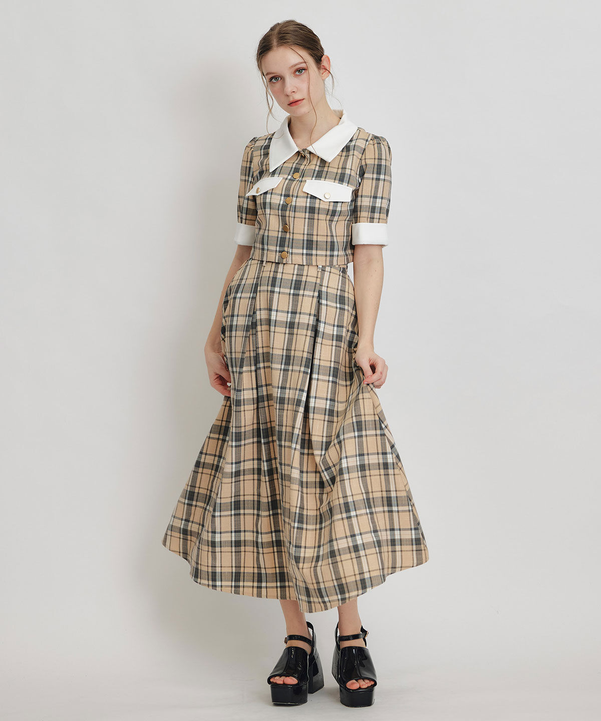 REDYAZEL「バイカラーチェックブラウス&times;フレアロングスカートセットアップ」|ワンピース|
