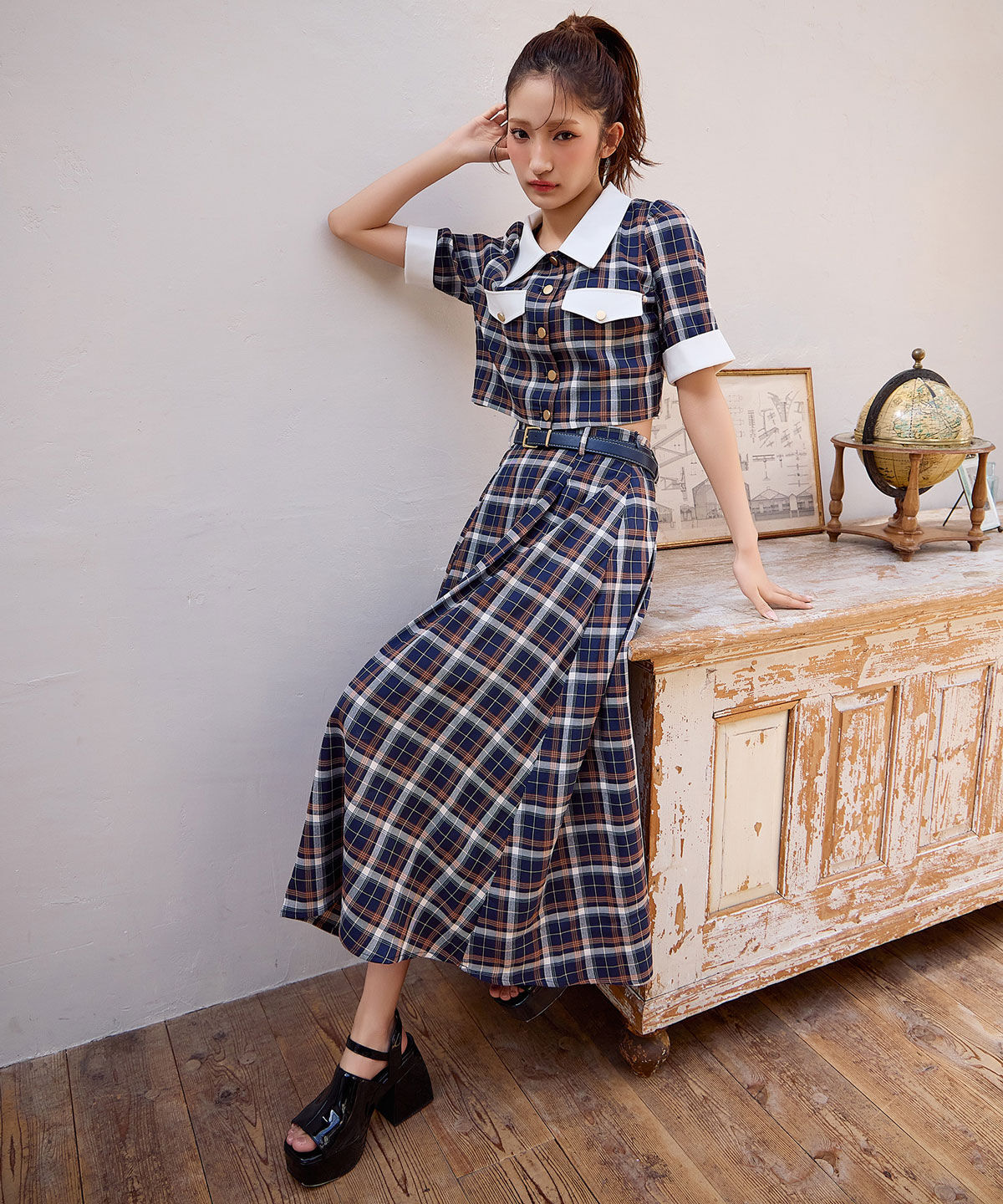 REDYAZEL「バイカラーチェックブラウス&times;フレアロングスカートセットアップ」|ワンピース|紺系チェック
