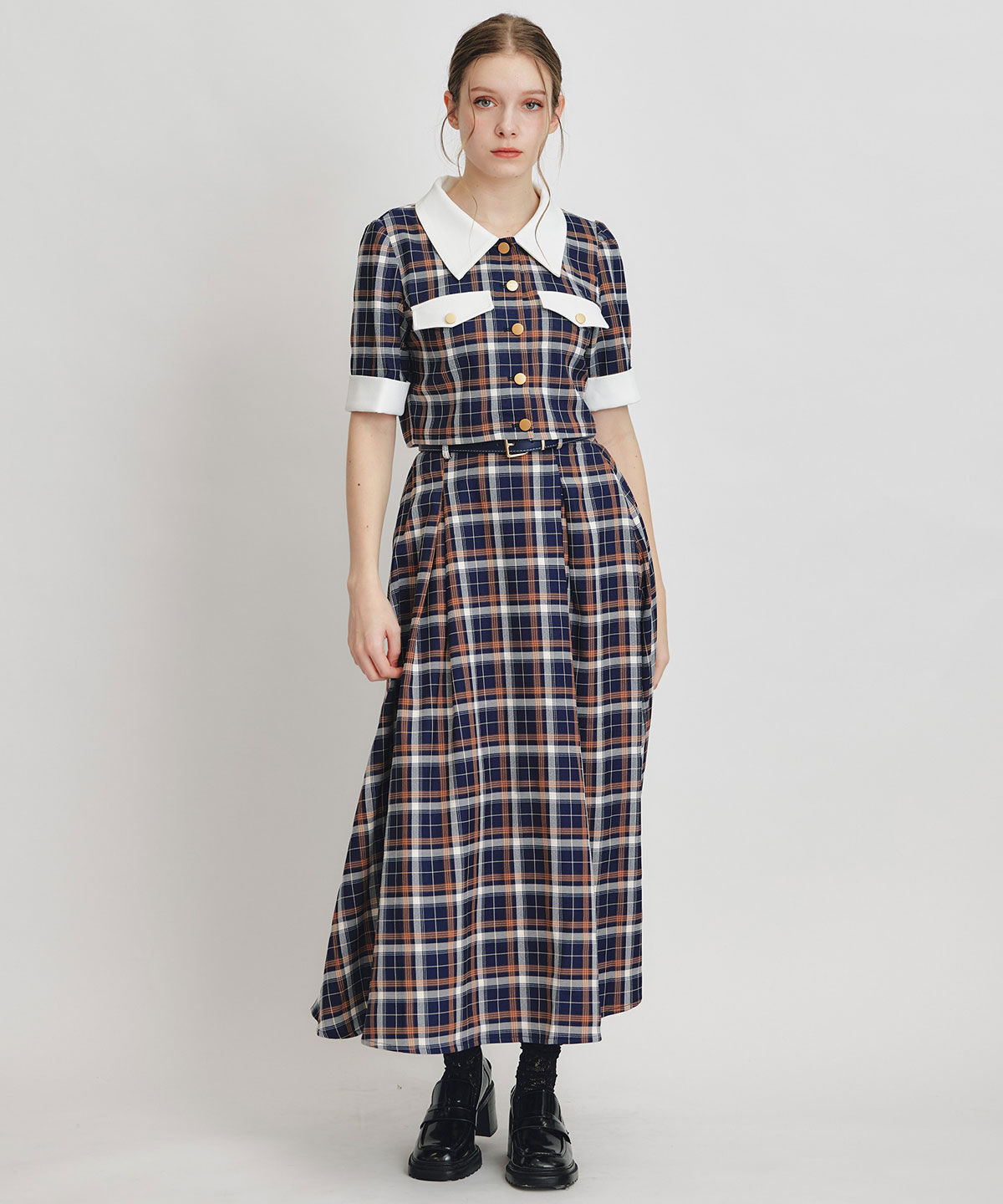 REDYAZEL「バイカラーチェックブラウス&times;フレアロングスカートセットアップ」|ワンピース|