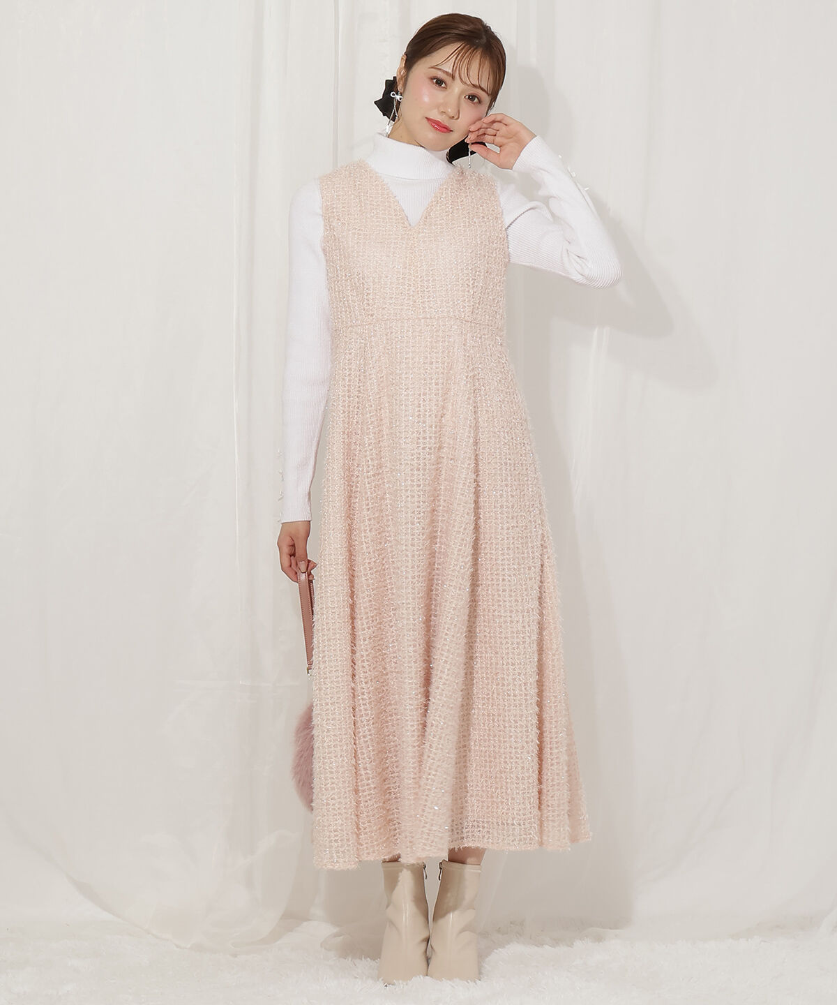 WILLSELECTION「フリンジチェックジャンスカ」|ジャンパースカート|ピンク