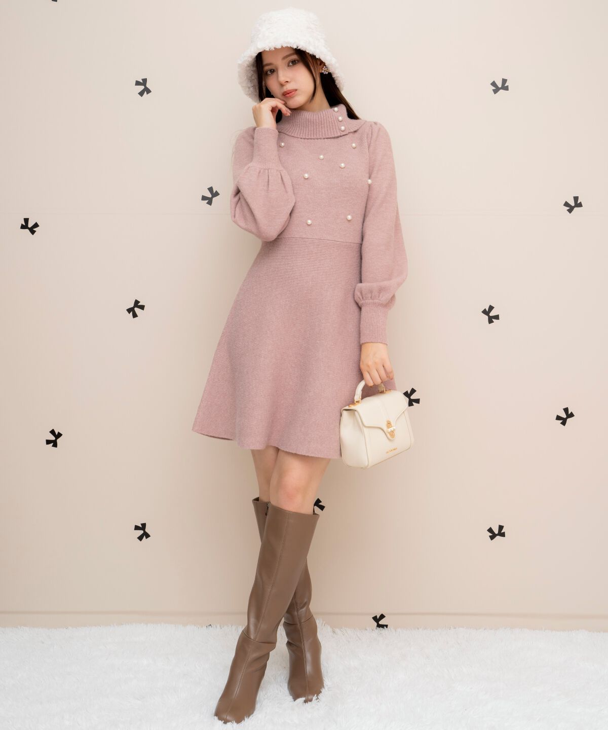 WILLSELECTION「パール付きタートルネックニットワンピース」|ワンピース|