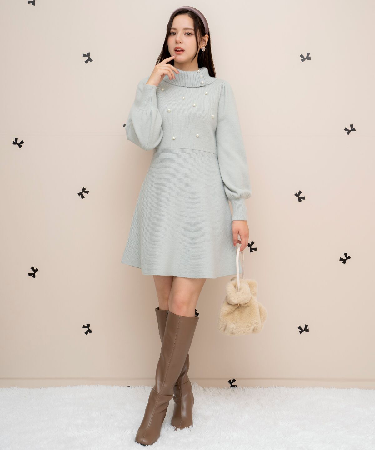 WILLSELECTION「パール付きタートルネックニットワンピース」|ワンピース|