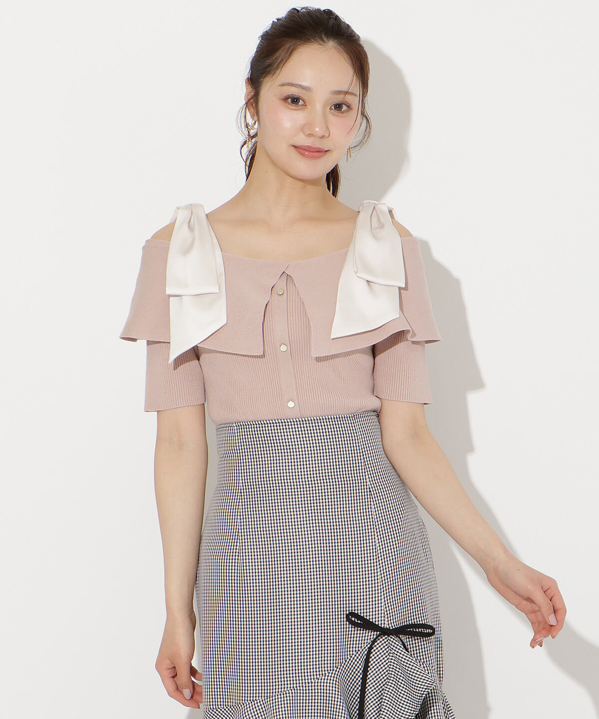 WILLSELECTION「リボンオフショルハーフスリーブニット」|ニット・セーター|ピンク