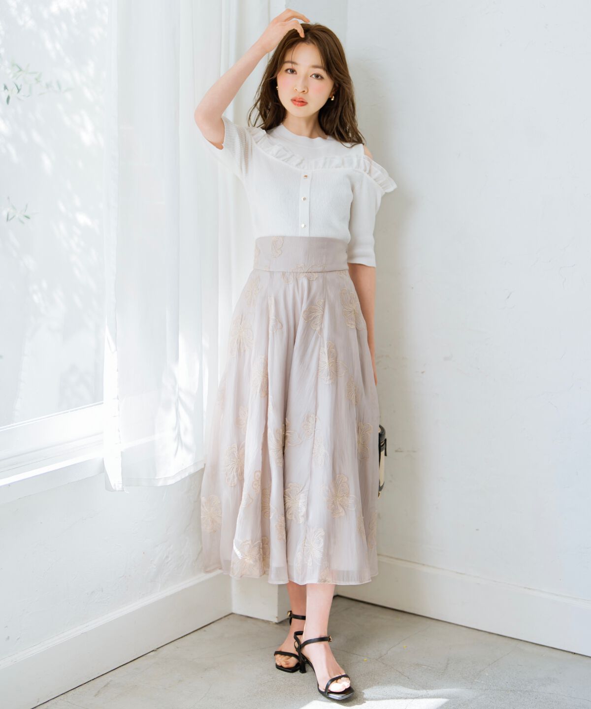 WILLSELECTION「フラワー刺繍シアースカート」|フレア|