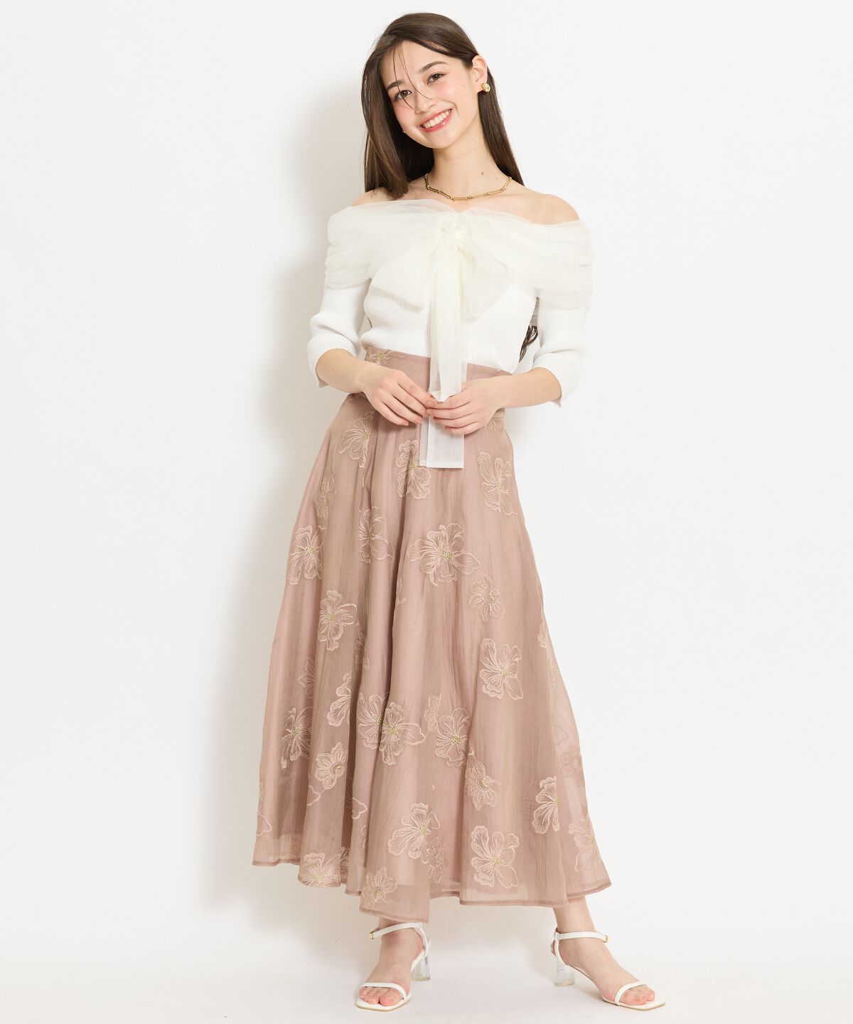 WILLSELECTION「フラワー刺繍シアースカート」|フレア|ピンク