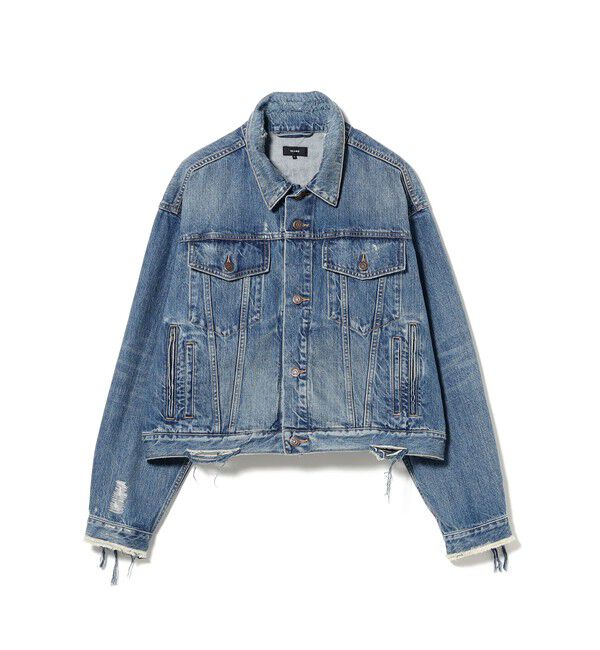 BEAMS「ワイドショート ダメージ デニム ジャケット」|ブルゾン・スタジャン|