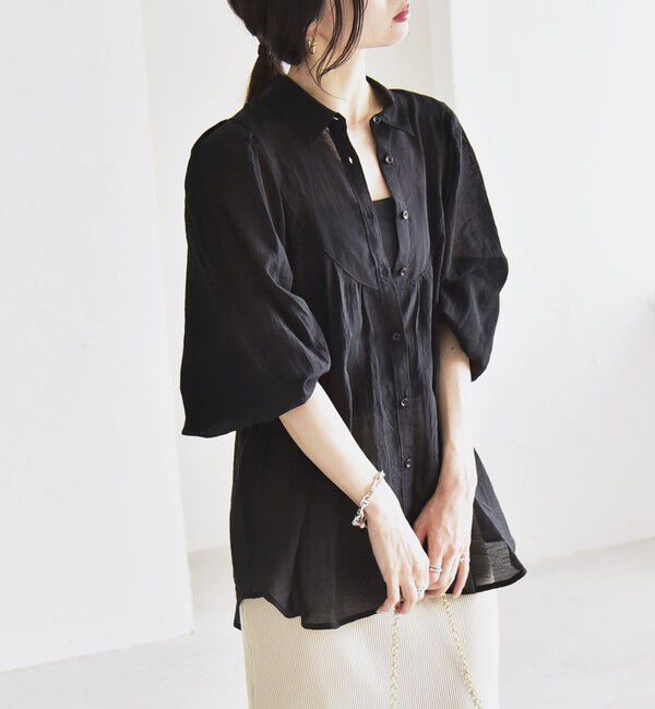 quaranciel「quaranciel:〈洗濯機可能〉シアー ボリュームスリーブ ヨーク ギャザー シャツ ブラウス」|シャツ・ブラウス|