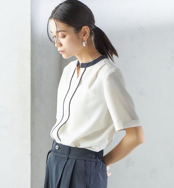 SHIPS for women「〈手洗い可能〉パイピング キーネック 半袖 ブラウス」|シャツ・ブラウス|