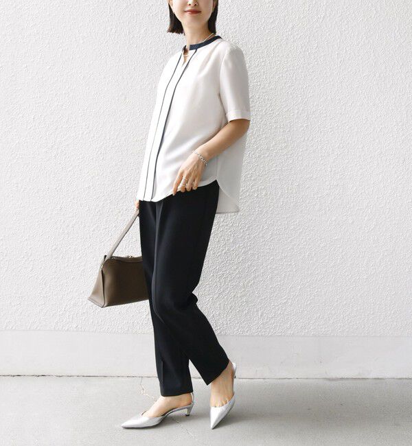 SHIPS for women「〈手洗い可能〉パイピング キーネック 半袖 ブラウス」|シャツ・ブラウス|