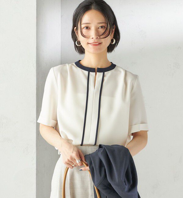 SHIPS for women「〈手洗い可能〉パイピング キーネック 半袖 ブラウス」|シャツ・ブラウス|