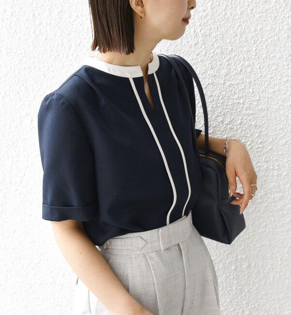 SHIPS for women「〈手洗い可能〉パイピング キーネック 半袖 ブラウス」|シャツ・ブラウス|