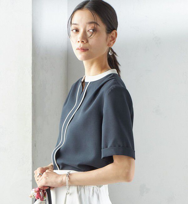 SHIPS for women「〈手洗い可能〉パイピング キーネック 半袖 ブラウス」|シャツ・ブラウス|