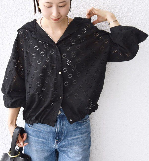 SHIPS for women「【WEB限定】〈手洗い可能〉レース フード シャツ 羽織」|シャツ・ブラウス|ブラック