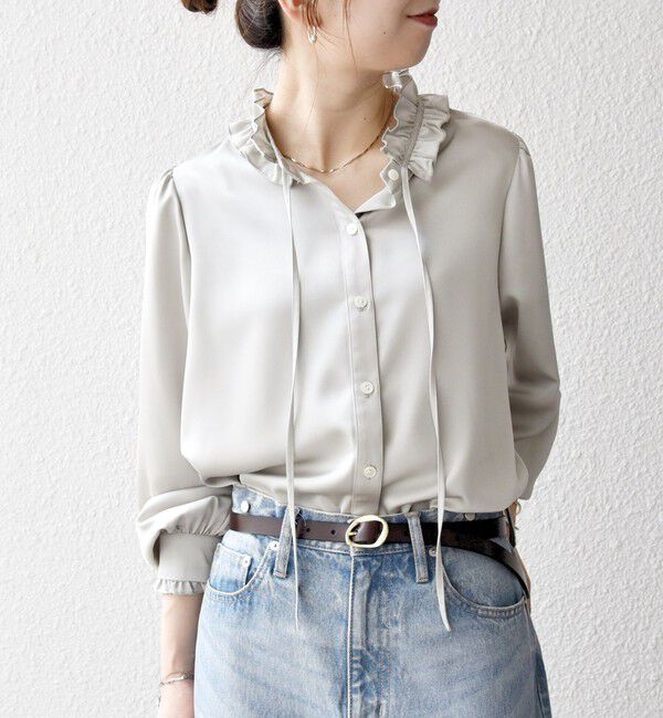 SHIPS any「《追加予約》SHIPS any:〈洗濯機可能〉サテン フリル カラー リボン シャツ ブラウス」|シャツ・ブラウス|