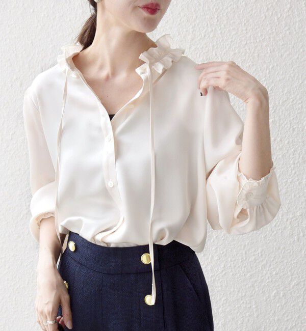 SHIPS any「《追加予約》SHIPS any:〈洗濯機可能〉サテン フリル カラー リボン シャツ ブラウス」|シャツ・ブラウス|