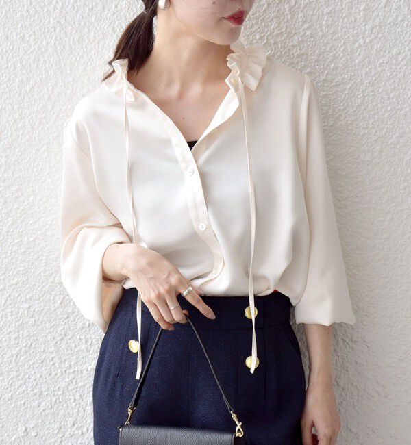 SHIPS any「《追加予約》SHIPS any:〈洗濯機可能〉サテン フリル カラー リボン シャツ ブラウス」|シャツ・ブラウス|