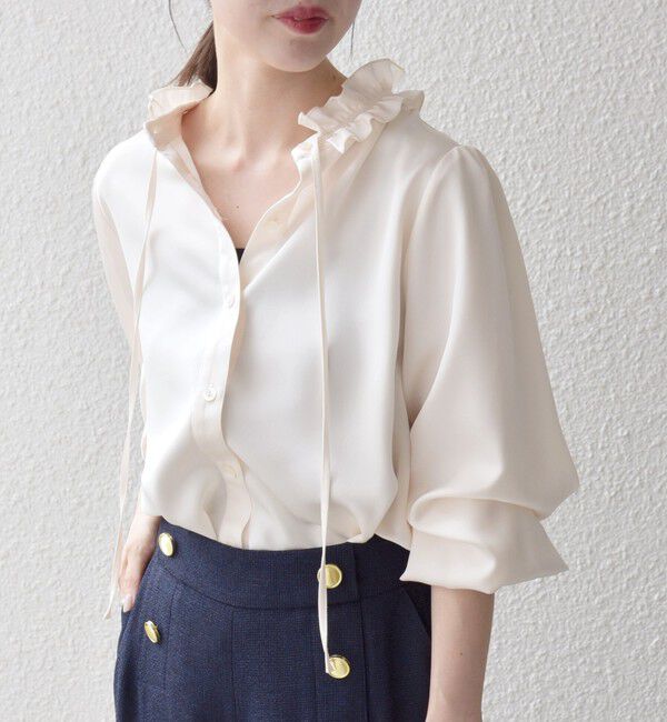 SHIPS any「《追加予約》SHIPS any:〈洗濯機可能〉サテン フリル カラー リボン シャツ ブラウス」|シャツ・ブラウス|