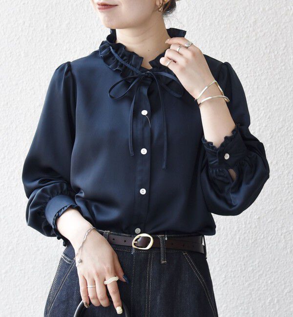 SHIPS any「《追加予約》SHIPS any:〈洗濯機可能〉サテン フリル カラー リボン シャツ ブラウス」|シャツ・ブラウス|