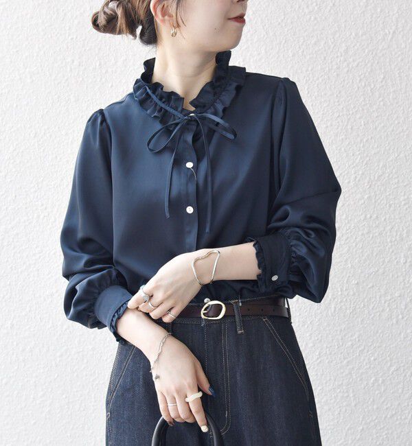 SHIPS any「《追加予約》SHIPS any:〈洗濯機可能〉サテン フリル カラー リボン シャツ ブラウス」|シャツ・ブラウス|