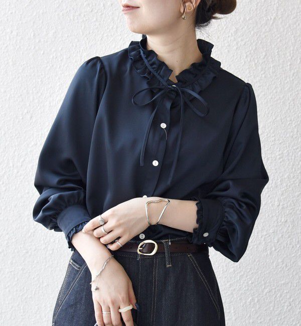 SHIPS any「《追加予約》SHIPS any:〈洗濯機可能〉サテン フリル カラー リボン シャツ ブラウス」|シャツ・ブラウス|