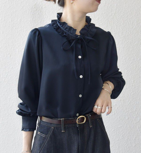 SHIPS any「《追加予約》SHIPS any:〈洗濯機可能〉サテン フリル カラー リボン シャツ ブラウス」|シャツ・ブラウス|