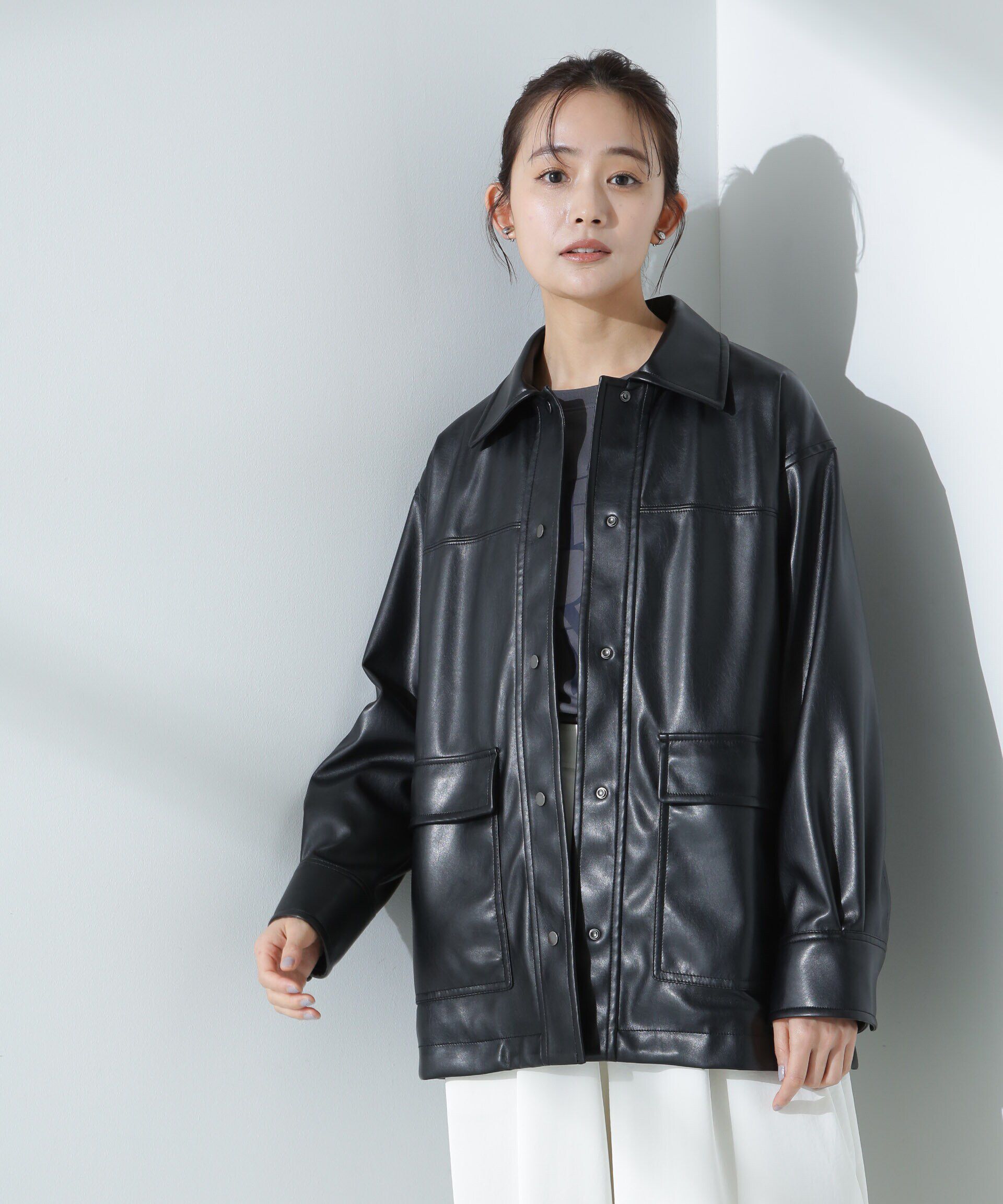 nano･universe「フェイクレザーシャツジャケット」|ブルゾン・スタジャン|